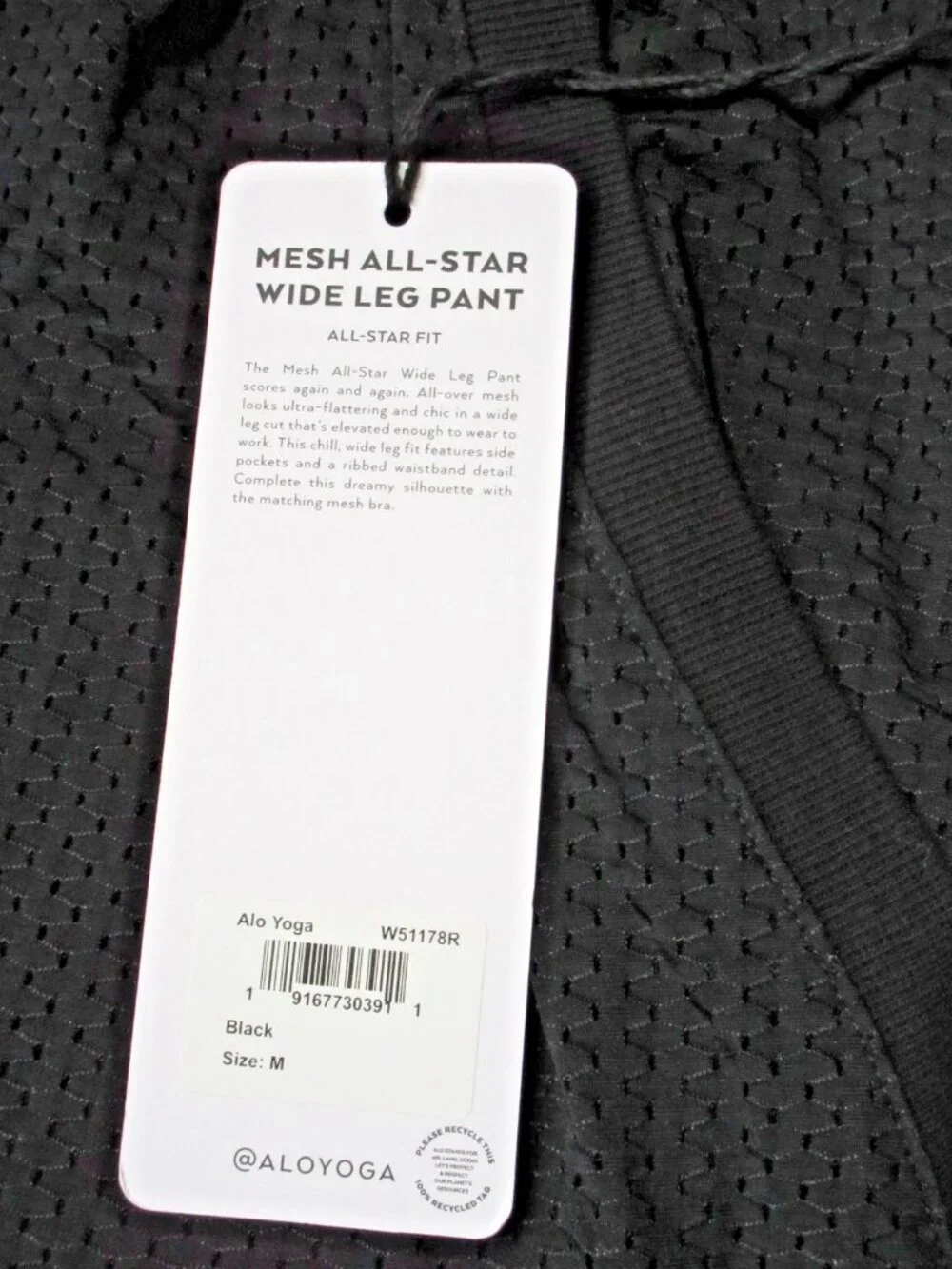 NWT Alo W51178R Mesh All-Star Wide Leg Pant in Black Sheer Lightweight Pants M